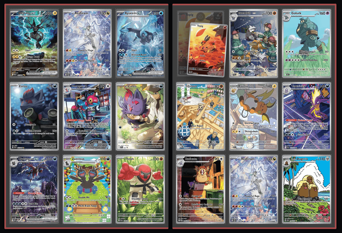 A Pokémon card being dragged between slots in a digital binder page
