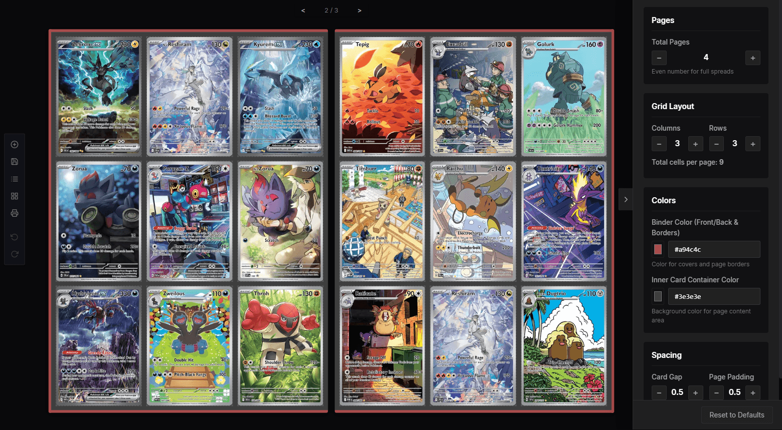 DigiBinder showcase, digital card binder layout